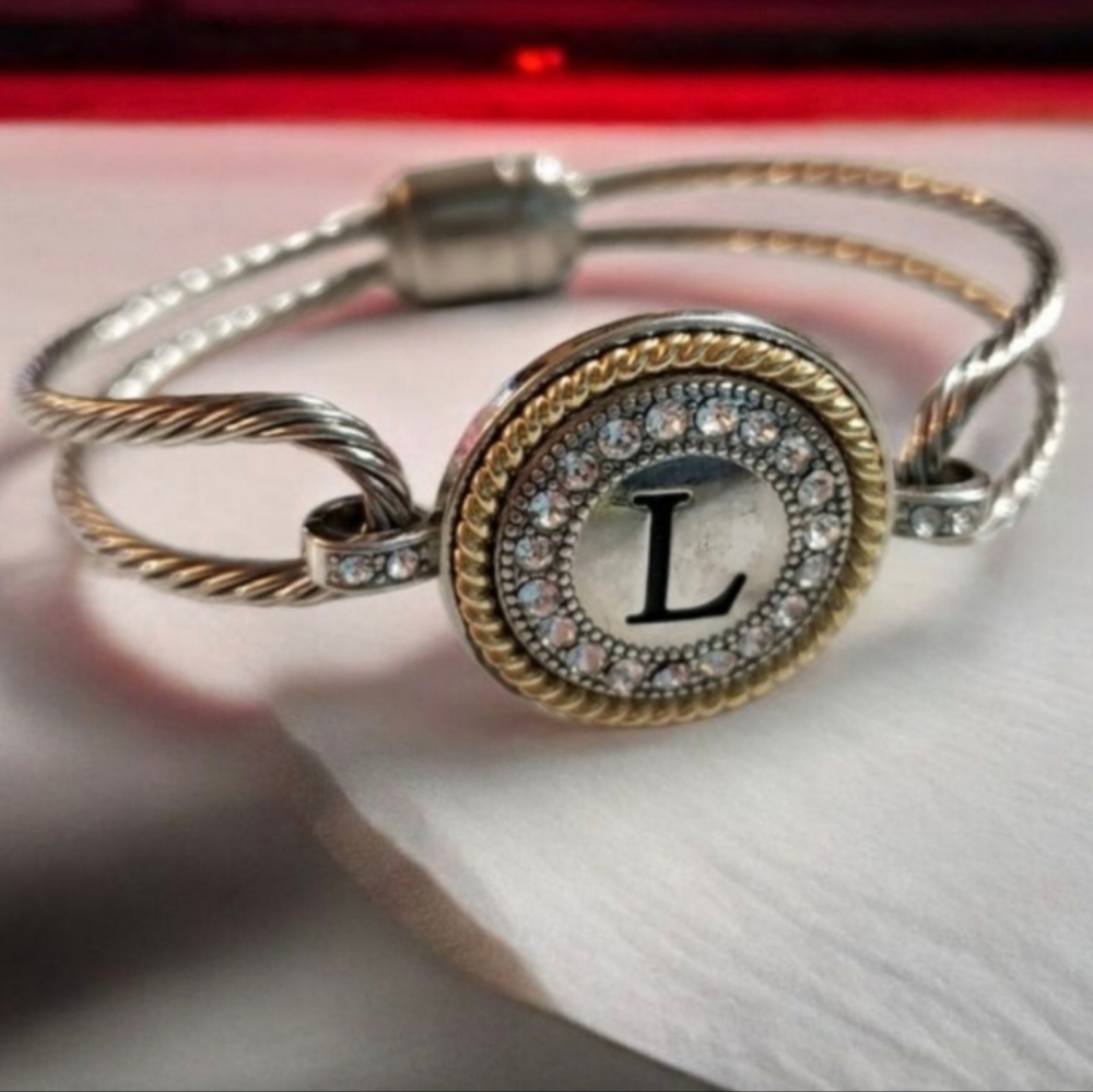 Silvertone Wire Bangle Initial “L” Rhinestone Bracelet